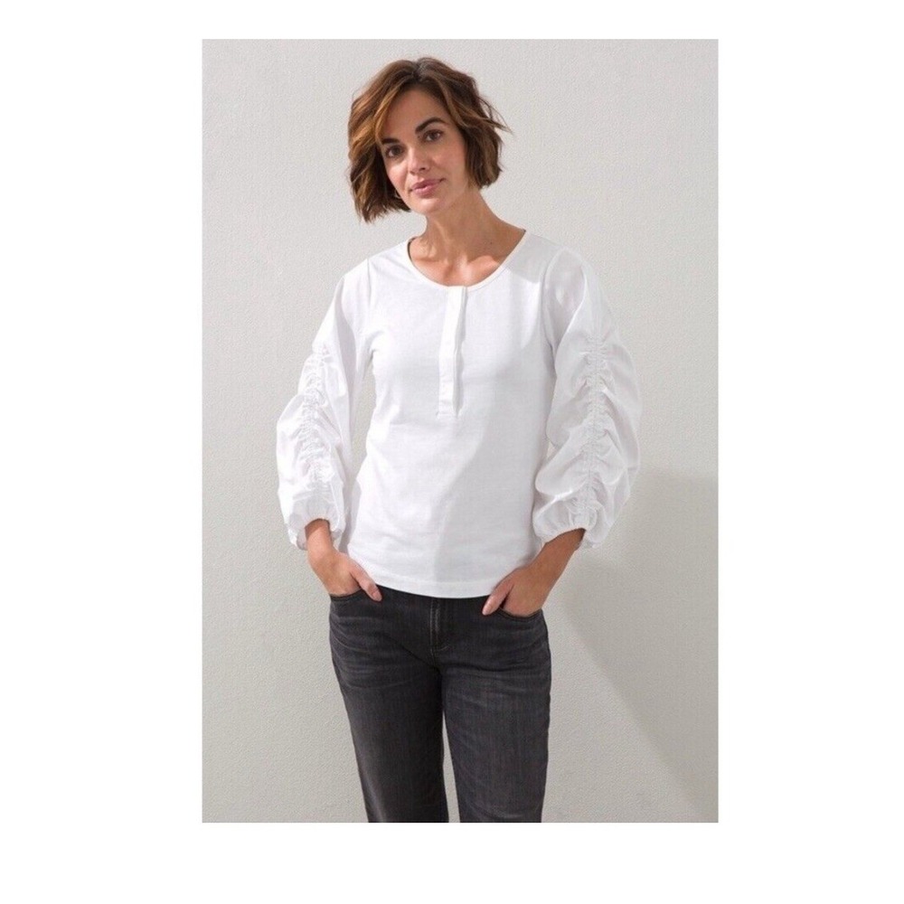 Chicos White Ruched Puff Sleeve Henley Tee Top Size 0 Small Cotton Solid Blouse